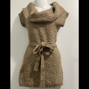 Cowl Neck Tan Knit Belted Sweater - Size Small